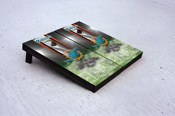 Dolphins football themed Custom Cornhole Border Set with 8 Cornhole Bags.