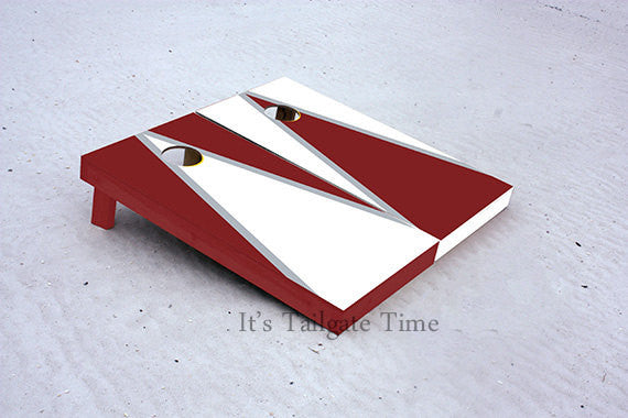 White and Crimson Alternating Triangle Custom Cornhole Boards with 8 cornhole bags