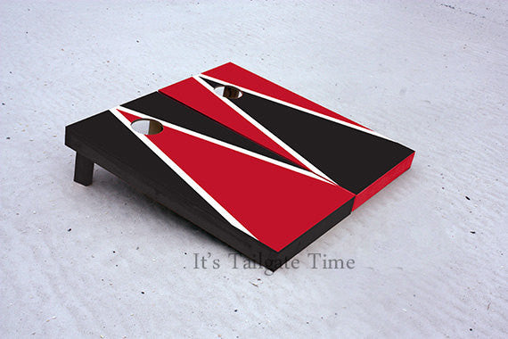 Red and Black Alternating Triangle Custom Cornhole Boards with 8 cornhole bags