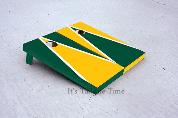 Yellow and Green Alternating Triangle Custom Cornhole Boards with 8 cornhole bags