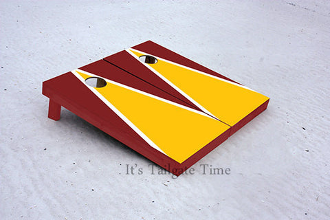 Custom Cornhole Boards Yellow and Burgandy Matching Triangle with 1x4 frames