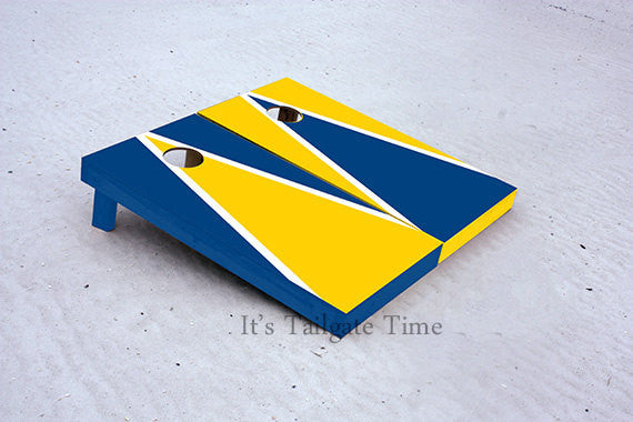 Yellow and Blue Alternating Triangle Custom Cornhole Boards with 8 cornhole bags