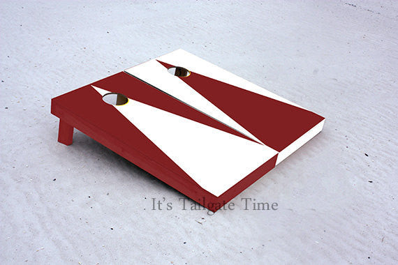 White and Crimson Alternating Triangle No Stripe Custom Cornhole Boards with 8 cornhole bags