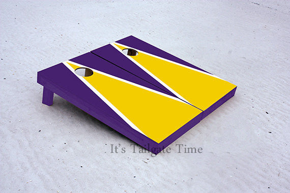 Gold and Purple Matching Triangle Custom Cornhole Boards with 8 cornhole bags
