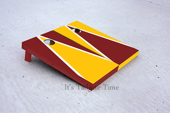Yellow and Burgandy Alternating Triangle Custom Cornhole Boards with 8 cornhole bags