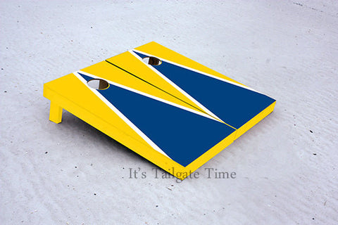 Custom Cornhole Boards Yellow and Blue Matching Triangle with 1x4 frames