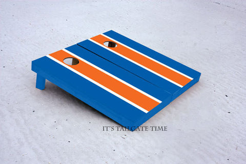 Custom Cornhole Boards Blue and Orange Matching Long Stripe