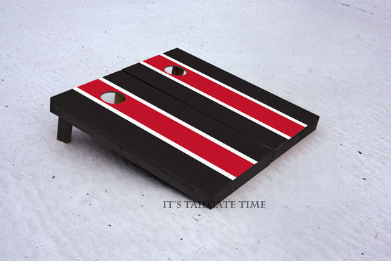 Custom Cornhole Boards Red and Black Matching Long Stripe with 1x4 frames