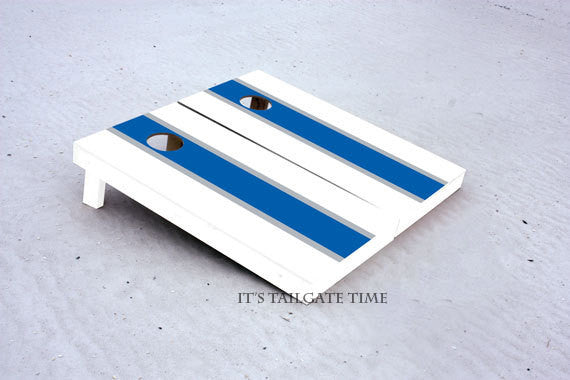 Custom Cornhole Boards White and Blue Matching Long Stripe