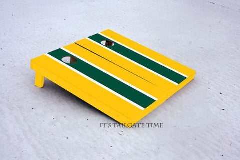 Custom Cornhole Boards Green and Yellow Matching Long Stripe