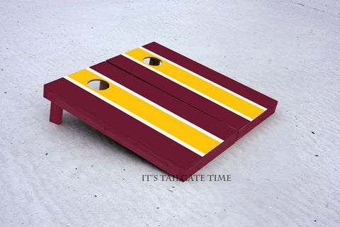 Custom Cornhole Boards Burgandy and Gold Matching Long Stripe with 1x4 frames