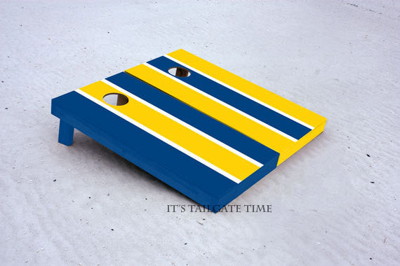 Custom Cornhole Boards Blue and Gold Alternating Long Stripe with 1x4 frames