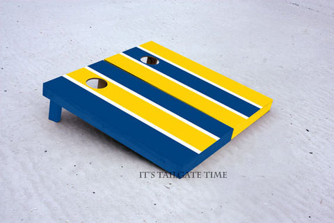 Blue and Yellow Alternating Long Stripe Custom Cornhole Boards with 8 cornhole bags