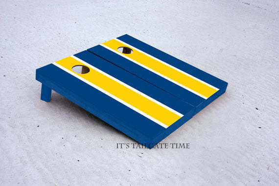 Blue and Gold Matching Long Stripe Custom Cornhole Boards with 8 cornhole bags