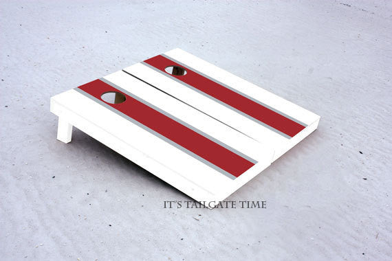 Custom Cornhole Boards White and Crimson Matching Long Stripe