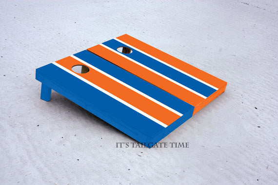 Custom Cornhole Boards Blue and Orange Alternating Long Stripe with 1x4 frames