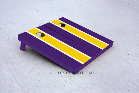 Custom Cornhole Boards Yellow and Purple Matching Long Stripe