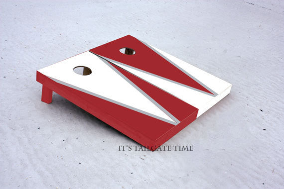 White and Crimson Flying-V Design. Custom Cornhole Boards with 1x4 frames