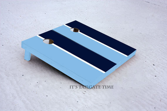 Custom Cornhole Boards Navy and Light Blue House Divided with 1x4 frames