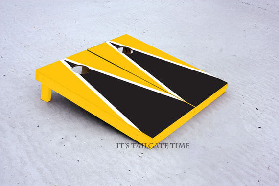 Custom Cornhole Boards Yellow and Black Matching Triangle Set with 1x4 frames
