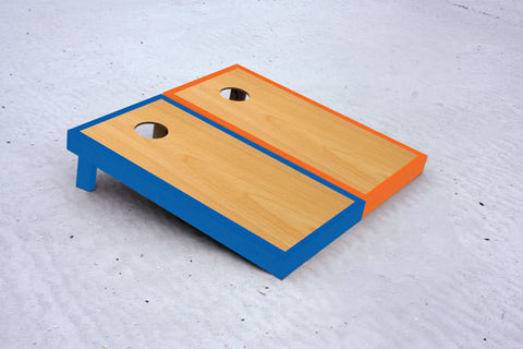 Custom cornhole boards with Blue and Orange borders with natural stained center