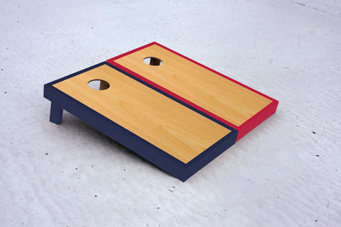Custom cornhole boards with Navy and Red borders with natural stained center